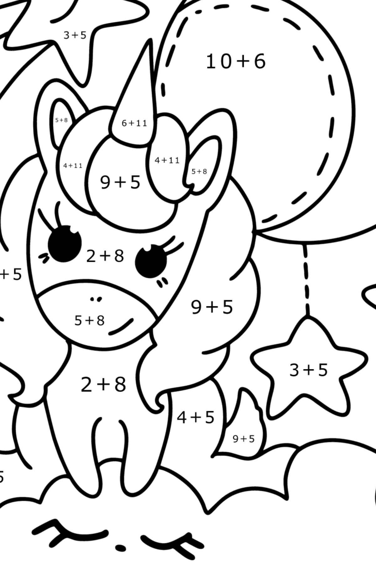 Dibujo de Unicornio Lunar para colorear - Colorear con Matemáticas - Sumas para Niños