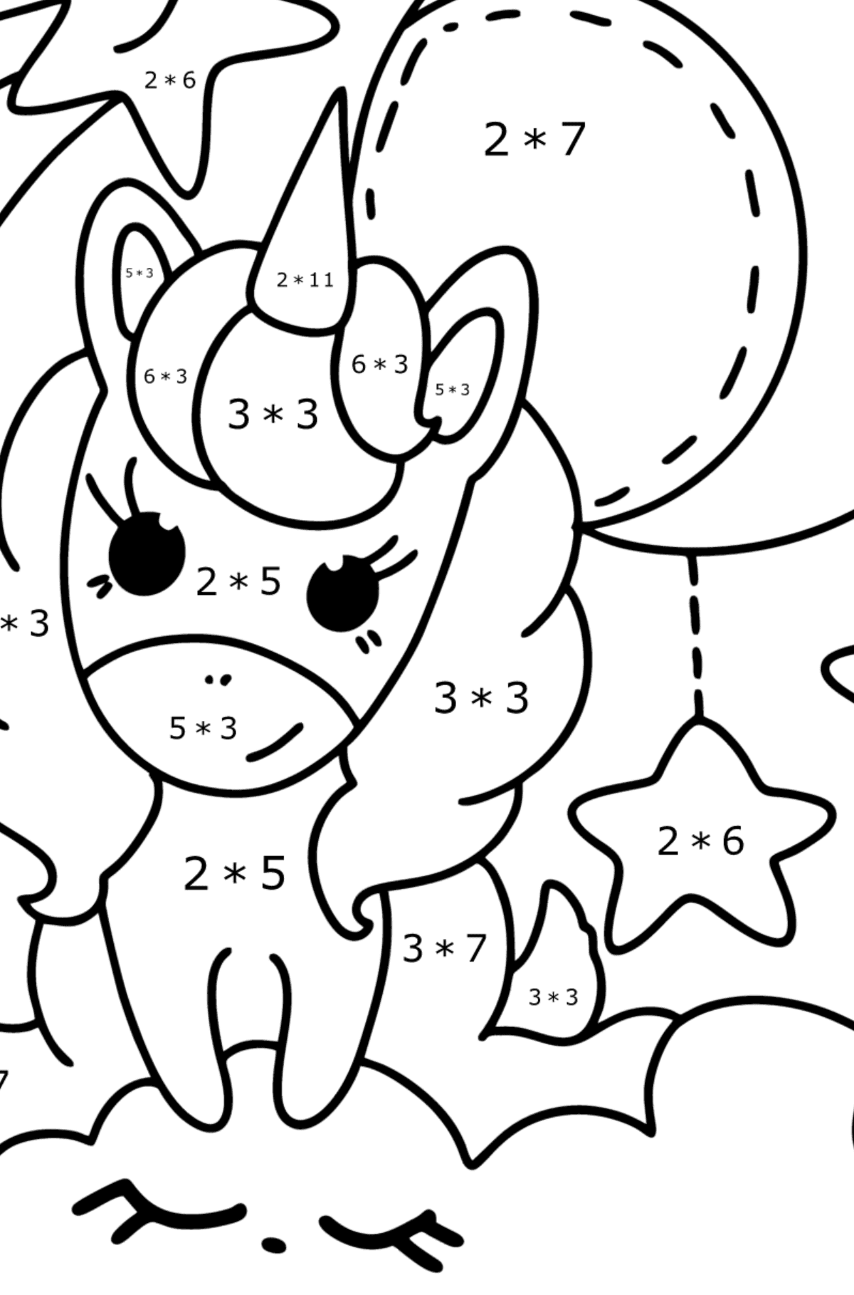 Dibujo de Unicornio Lunar para colorear - Colorear con Matemáticas - Multiplicaciones para Niños