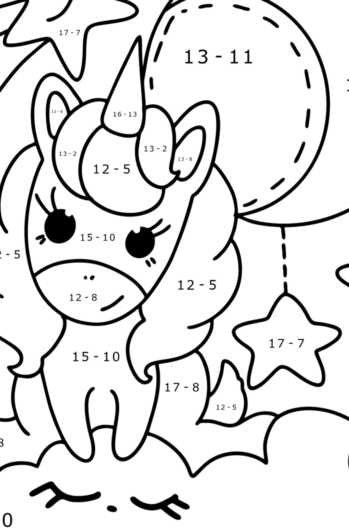 Moon unicorn coloring page - Math Coloring - Subtraction for Kids