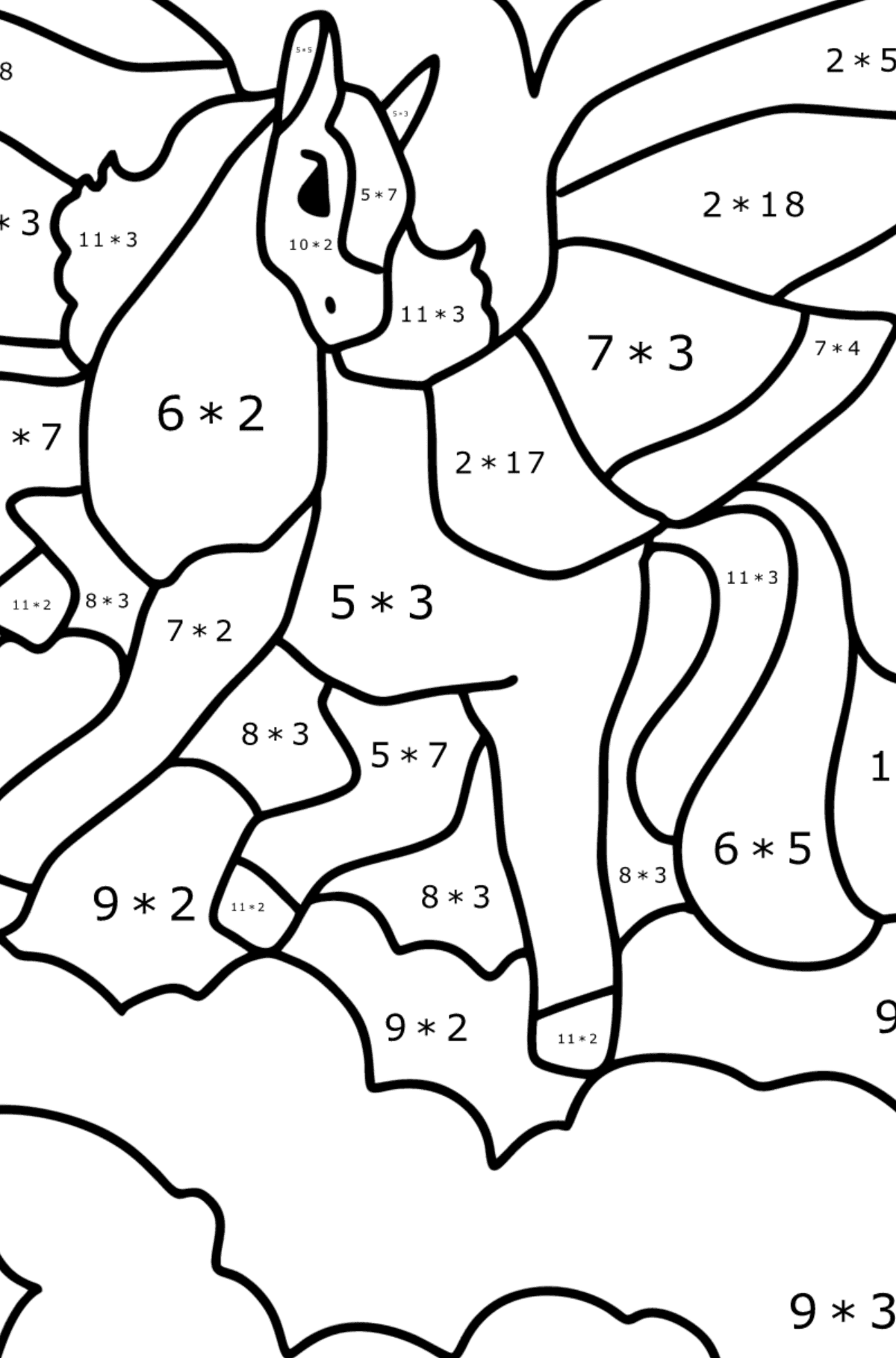 Värityskuva Pegasus - Matemaattinen Värityskirja - Kertolasku lapsille