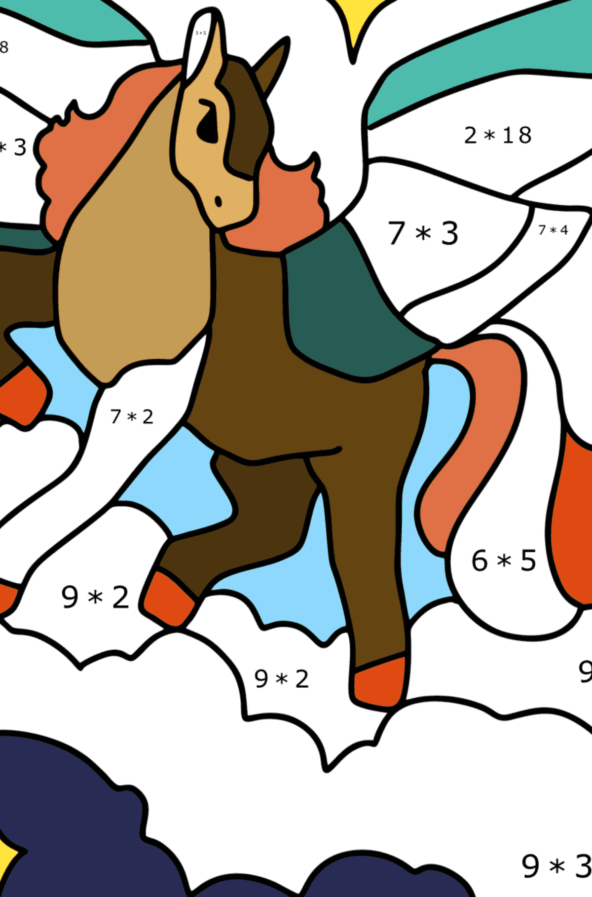 Tegning til fargelegging Pegasus - Matematisk fargeleggingsside - multiplisering for barn
