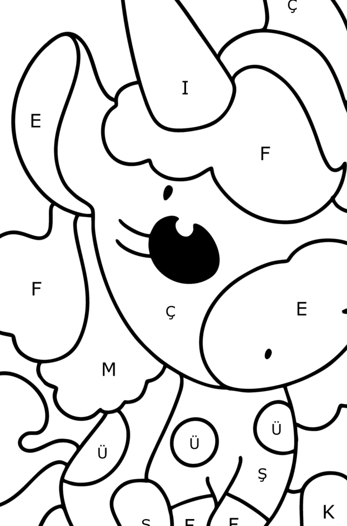 Boyama sayfası pembe tek boynuzlu at - Harflerle Boyama çocuklar için