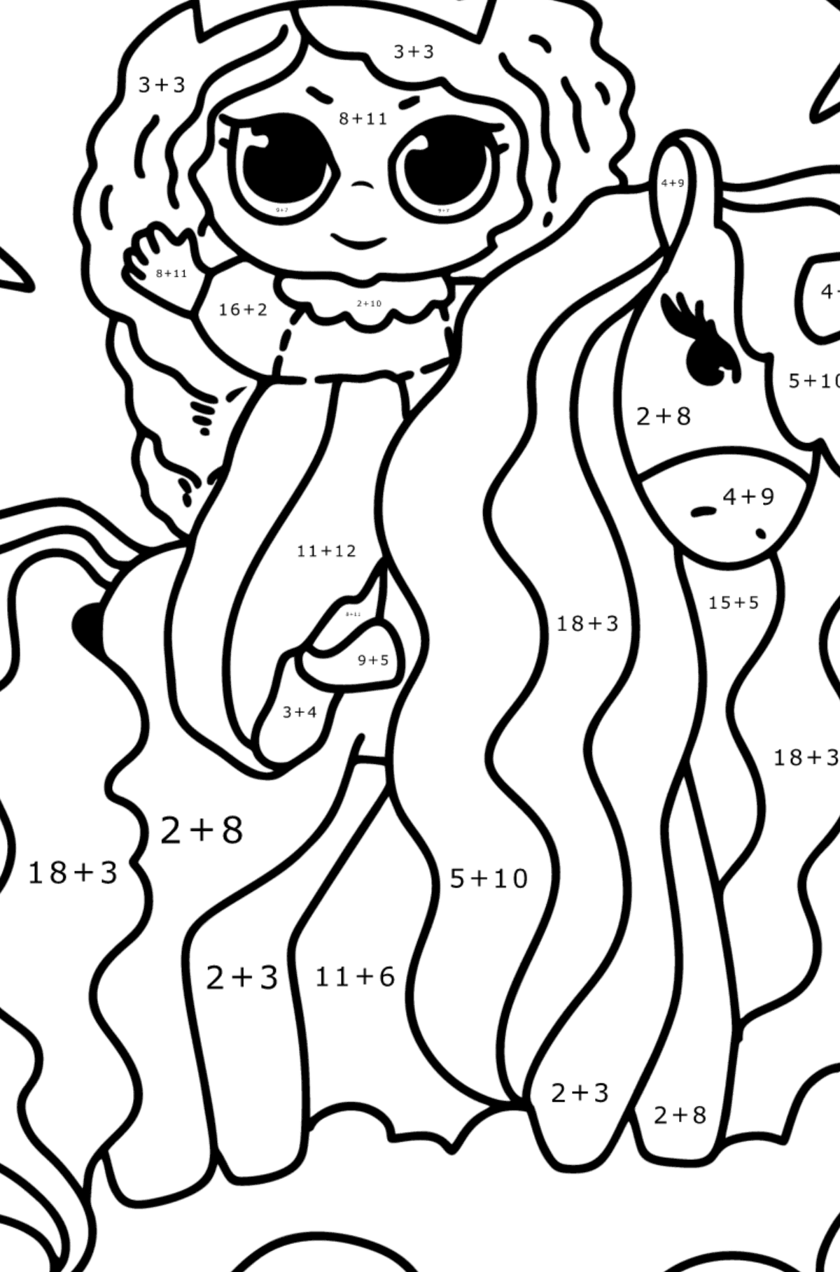Princess and unicorn coloring page - Math Coloring - Addition for Kids