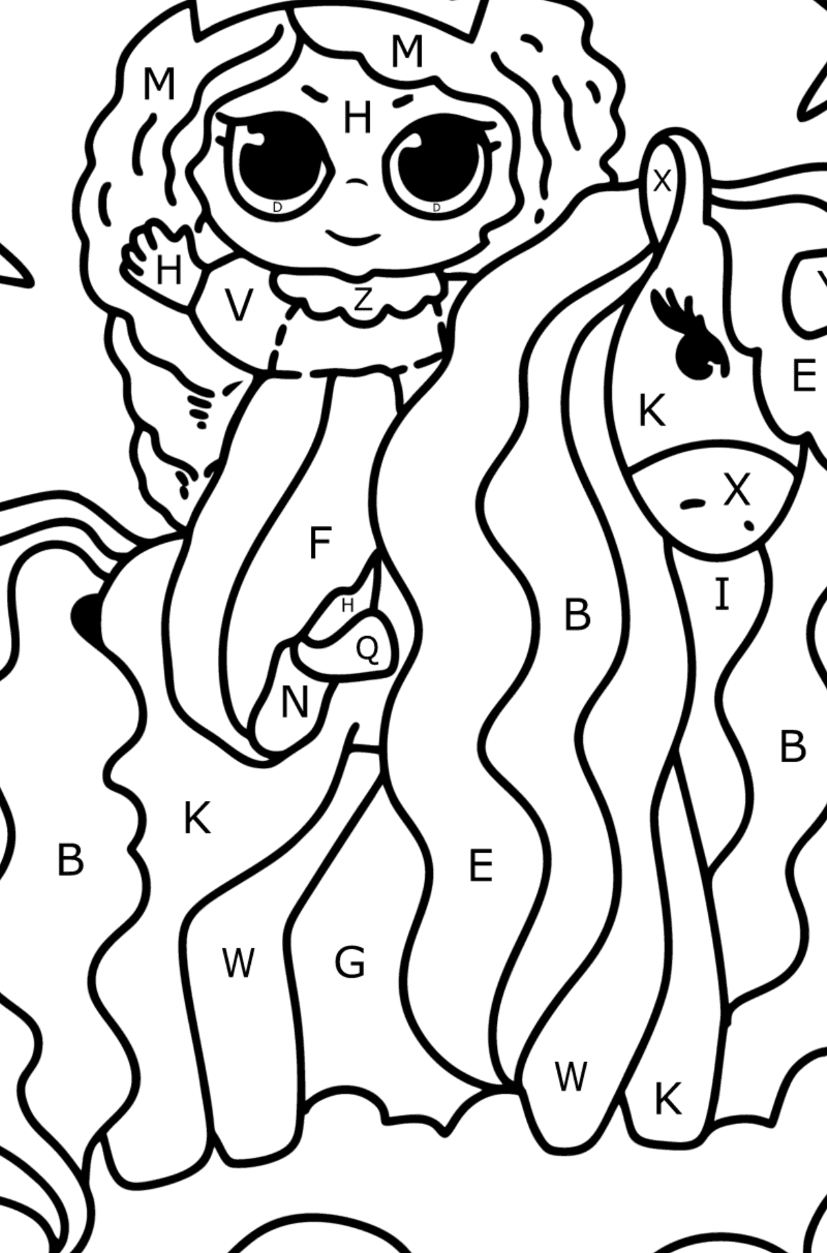 Princess and unicorn coloring page - Coloring by Letters for Kids