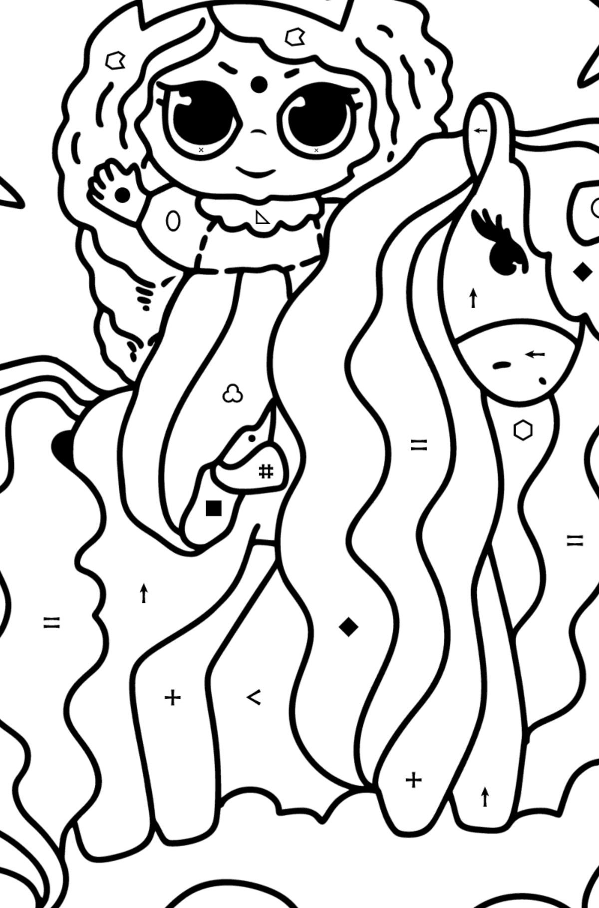 Princess and unicorn coloring page - Coloring by Symbols and Geometric Shapes for Kids