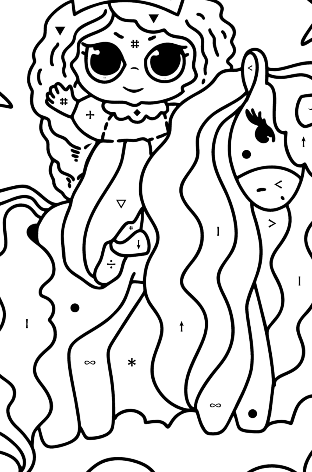 Princess and unicorn coloring page - Coloring by Symbols for Kids