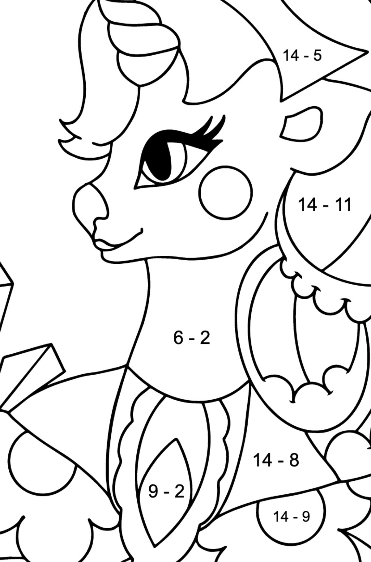 Cute Unicorn colouring page - Math Coloring - Subtraction for Kids