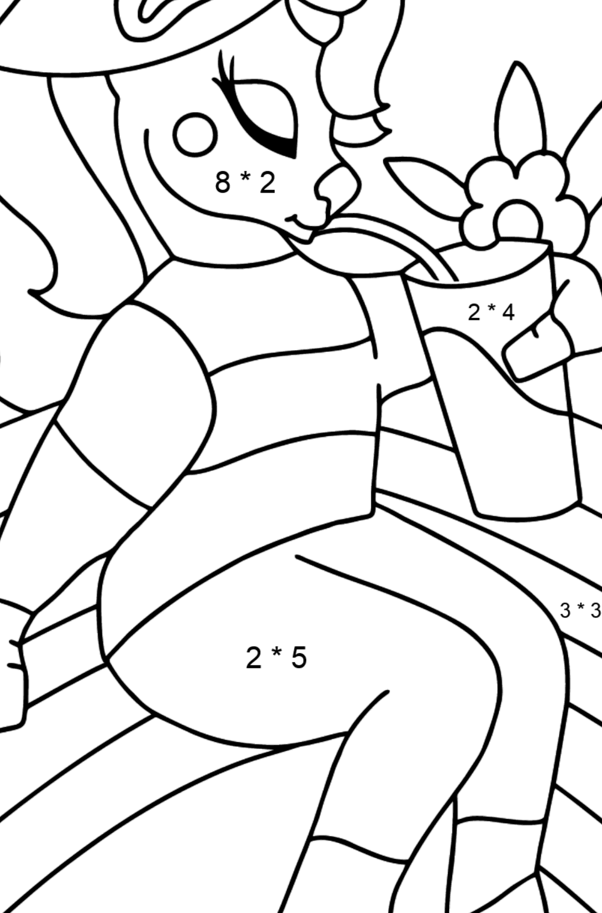 Värityskuva sateenkaari yksisarvinen (helppo) - Matemaattinen Värityskirja - Kertolasku lapsille