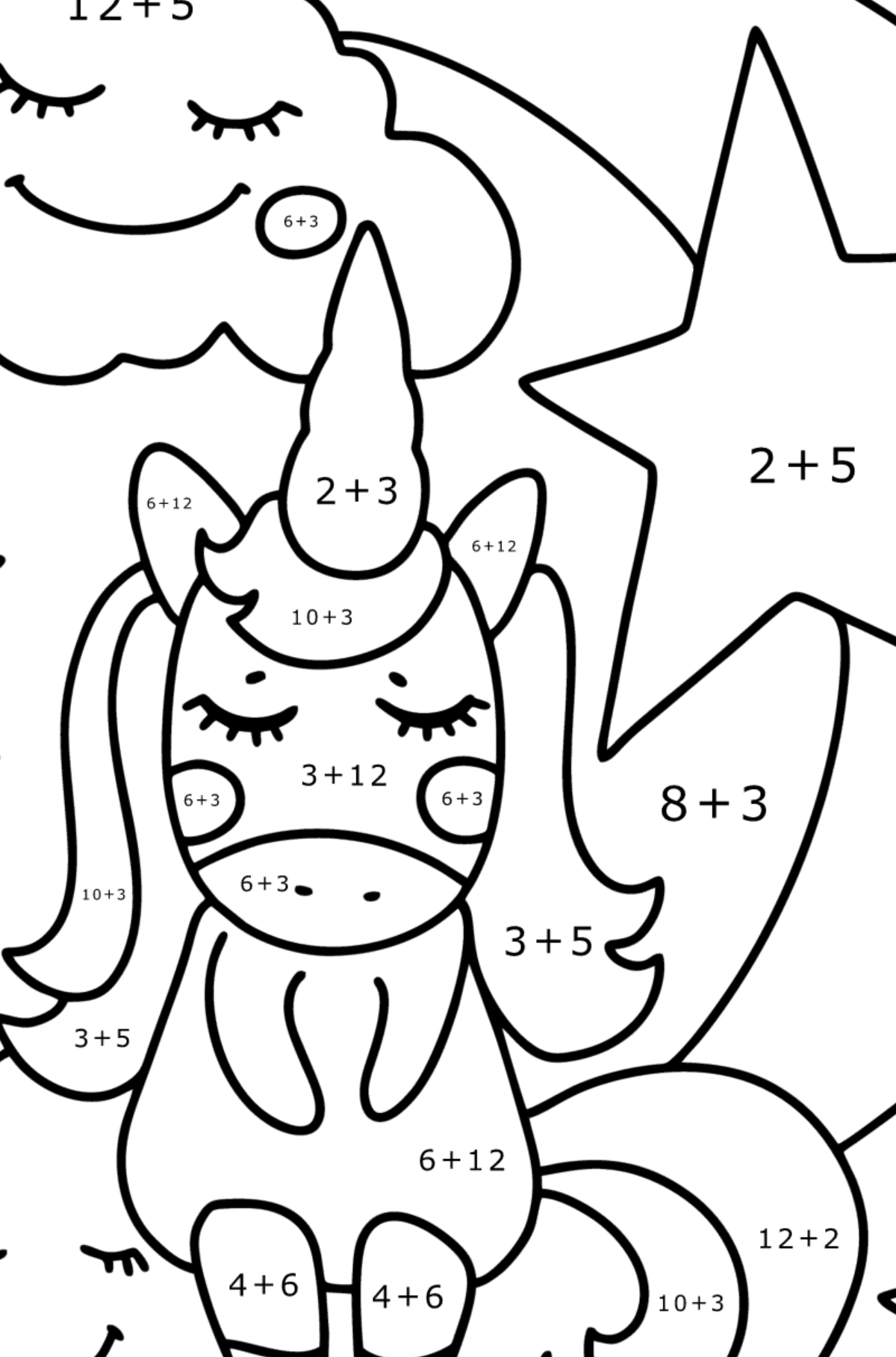 Dibujo de Unicornio estrellado para colorear - Colorear con Matemáticas - Sumas para Niños