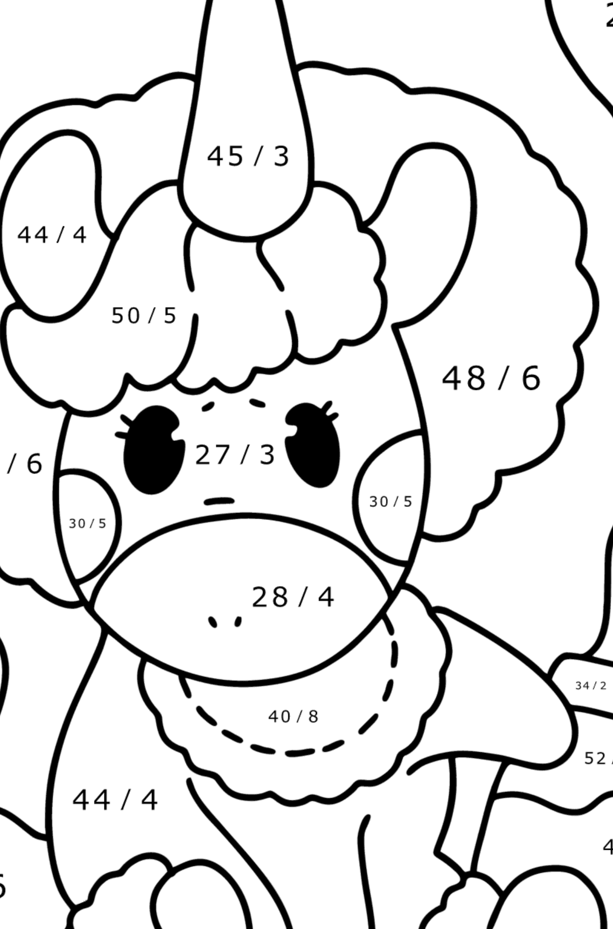 Dibujo de Bebé Unicornio para colorear - Colorear con Matemáticas - Divisiones para Niños