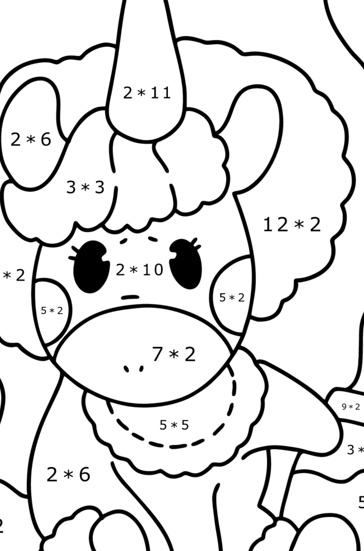 Dibujo de Bebé Unicornio para colorear - Colorear con Matemáticas - Multiplicaciones para Niños