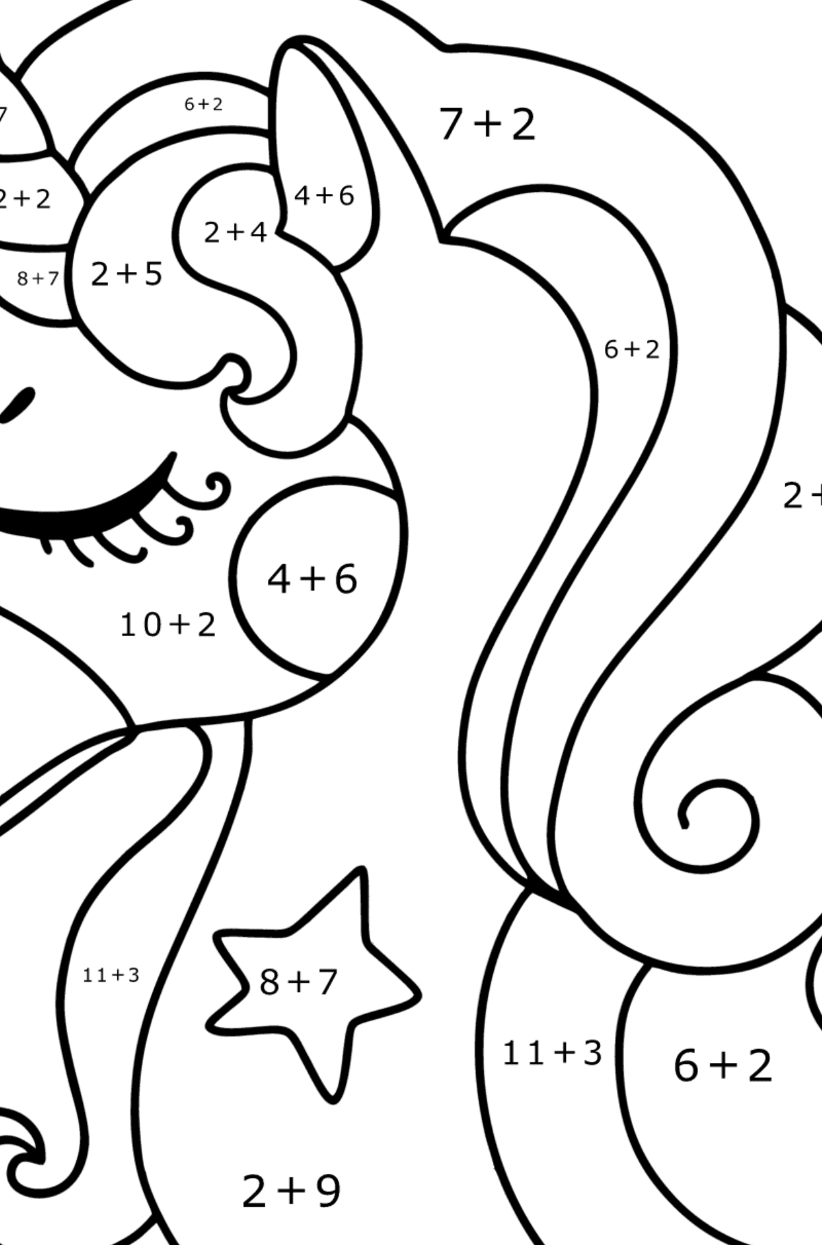 Dibujo de Cabeza de Unicornio Mágico para colorear - Colorear con Matemáticas - Sumas para Niños