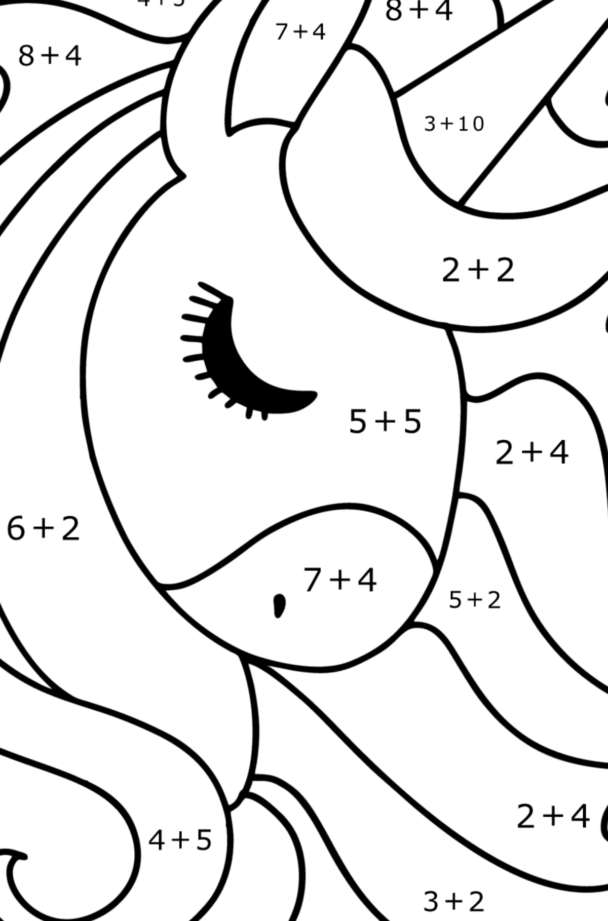 Omalovánka hlava jednorožce - Matematická Omalovánka - Sčítání pro děti