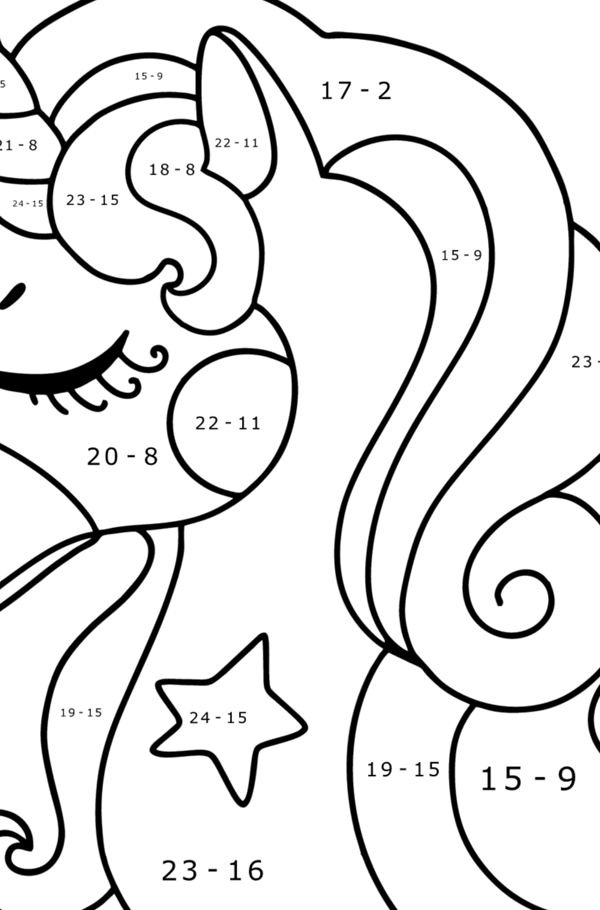 Unicorn head coloring page - Math Coloring - Subtraction for Kids