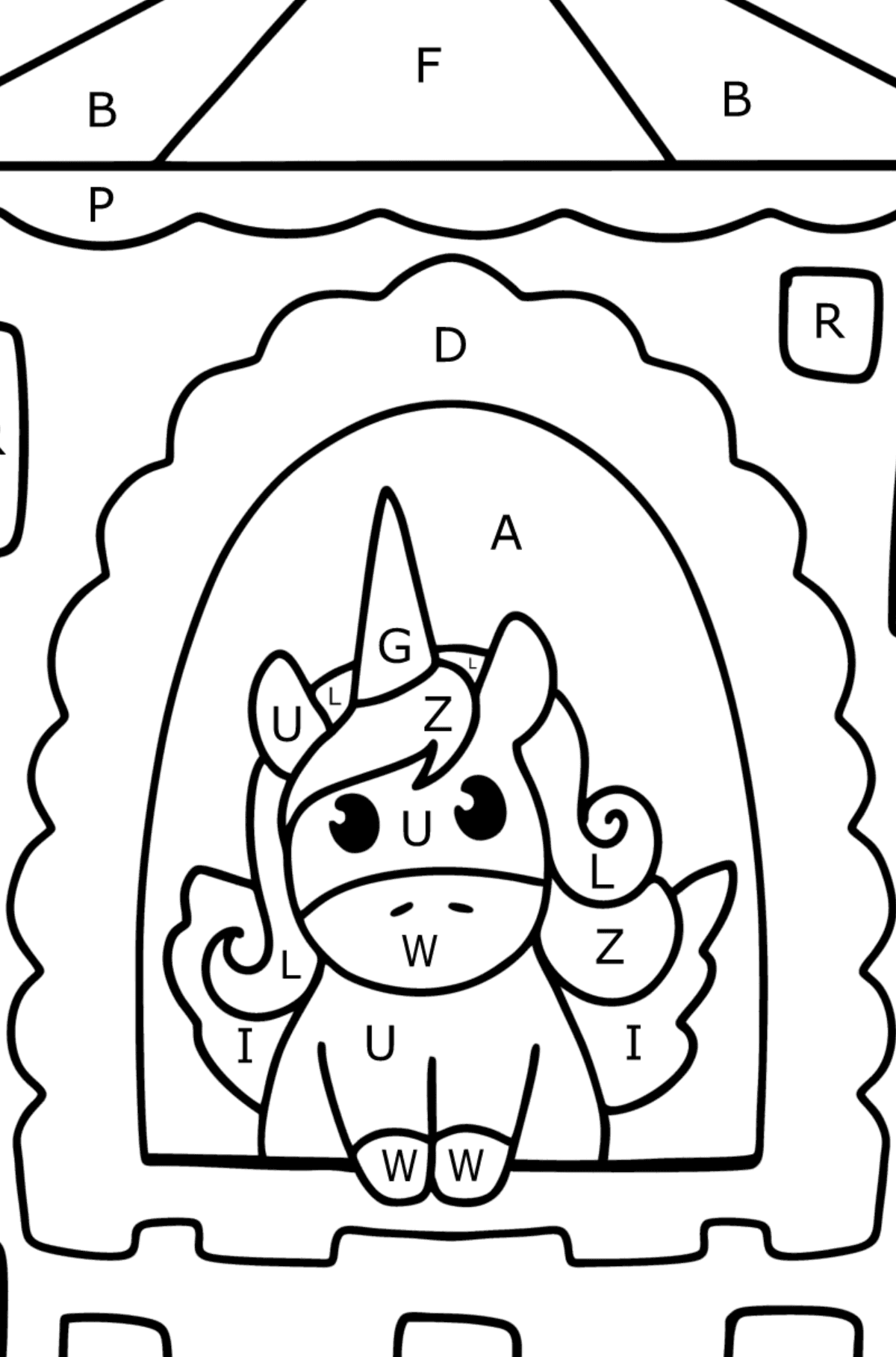Unicorn in fairyland coloring page - Coloring by Letters for Kids