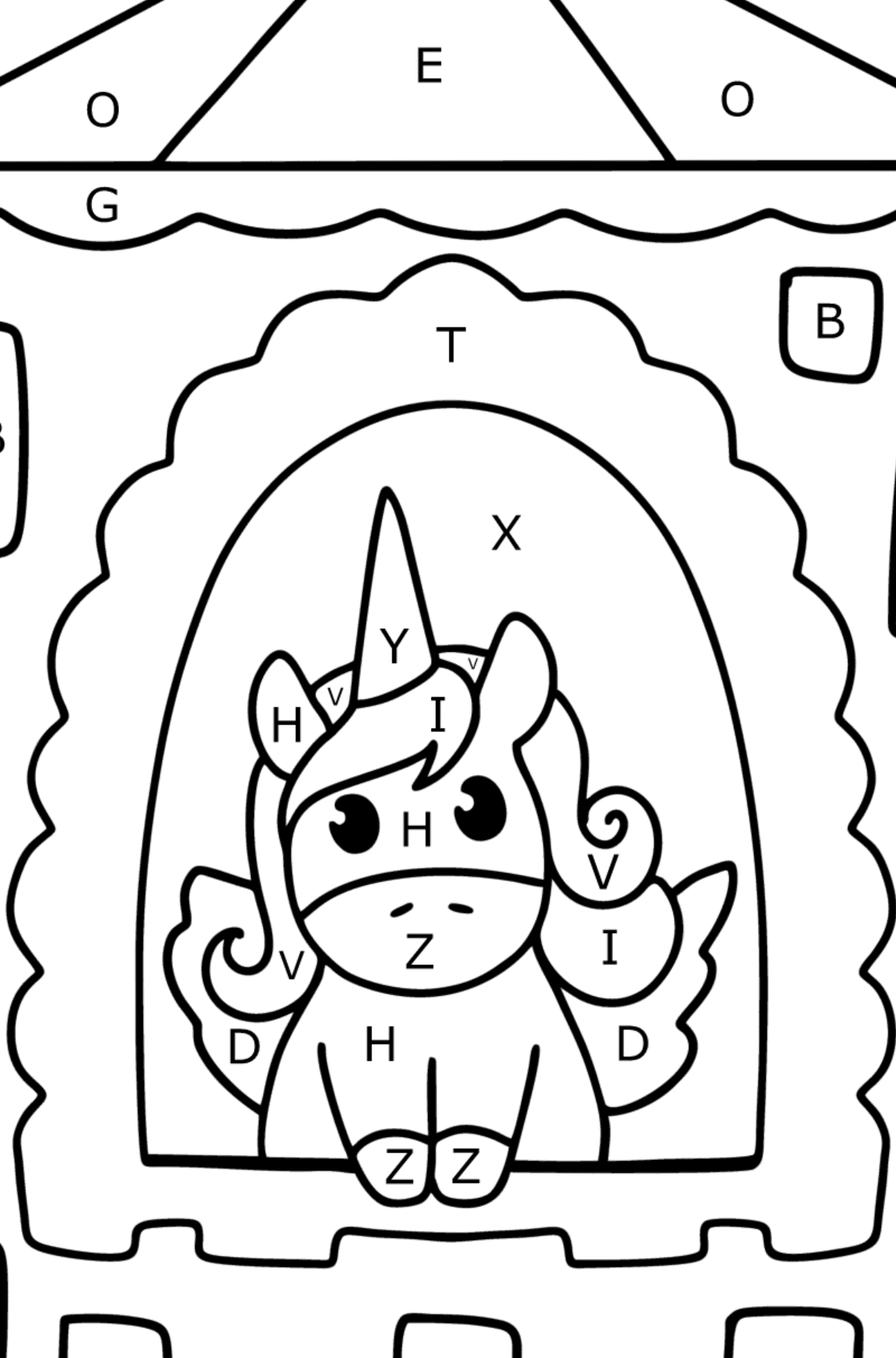 Dibujo de Unicornio del País de las Hadas para colorear - Colorear por Letras para Niños