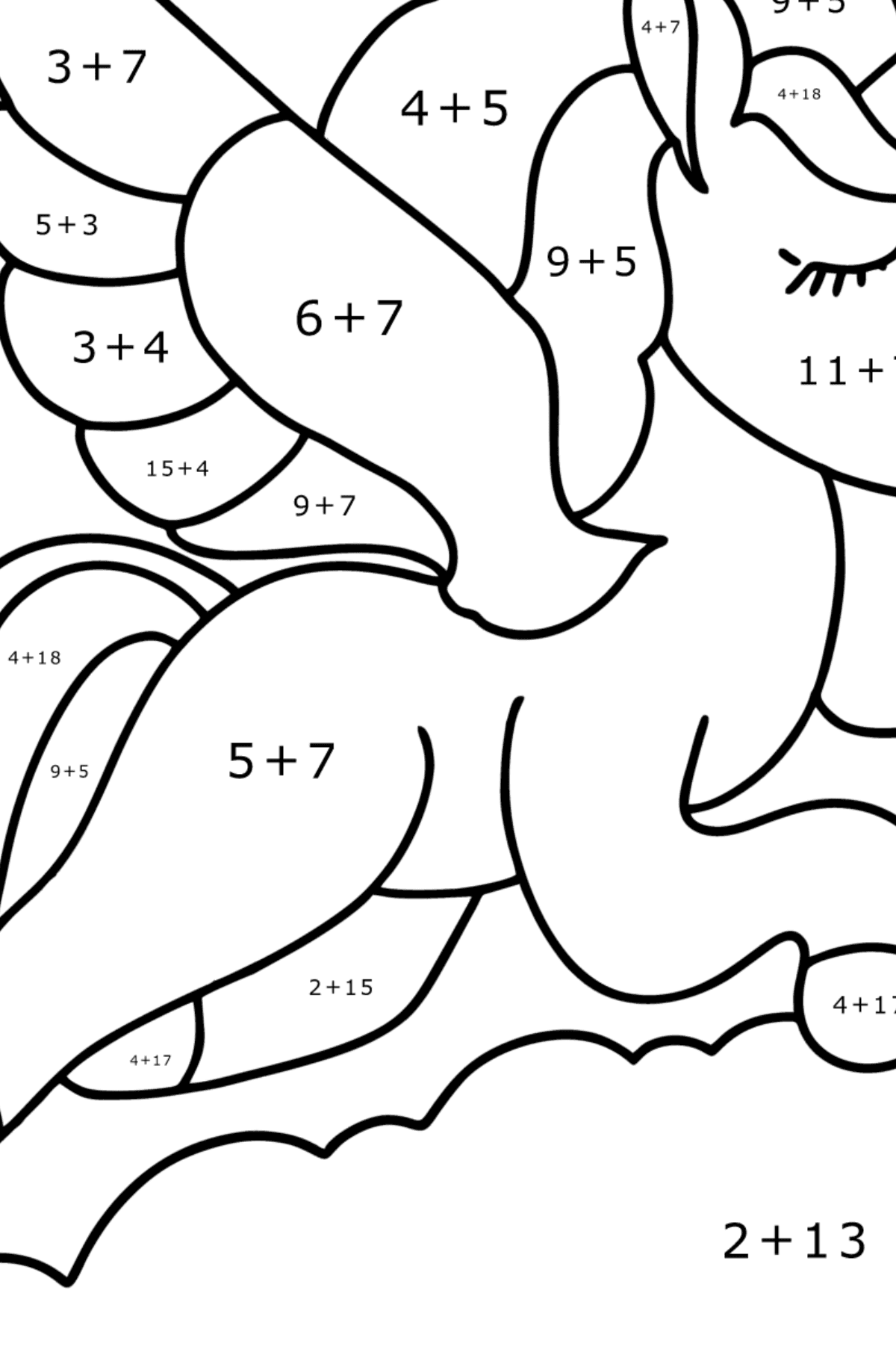 Dibujo para colorear de unicornio con alas - Colorear con Matemáticas - Sumas para Niños