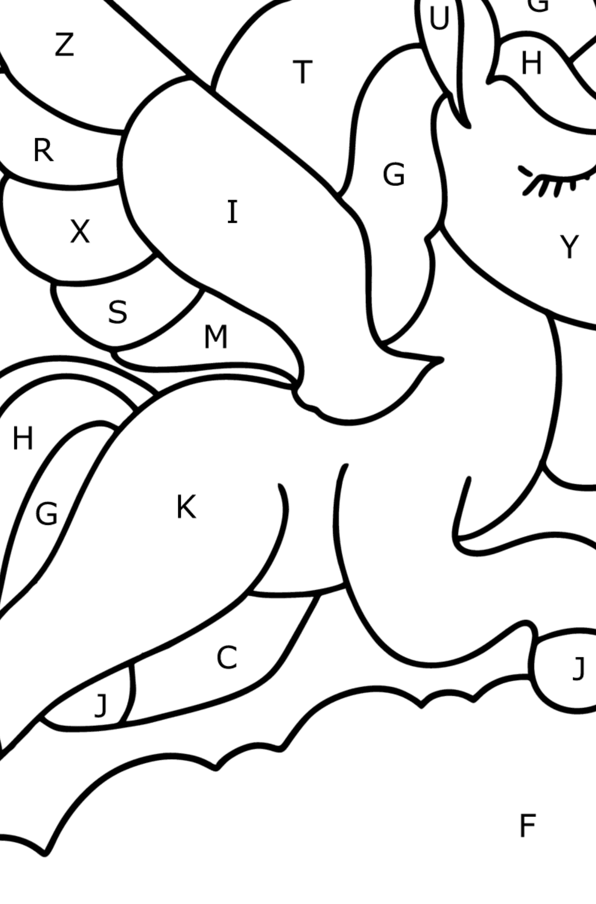 Dibujo para colorear de unicornio con alas - Colorear por Letras para Niños