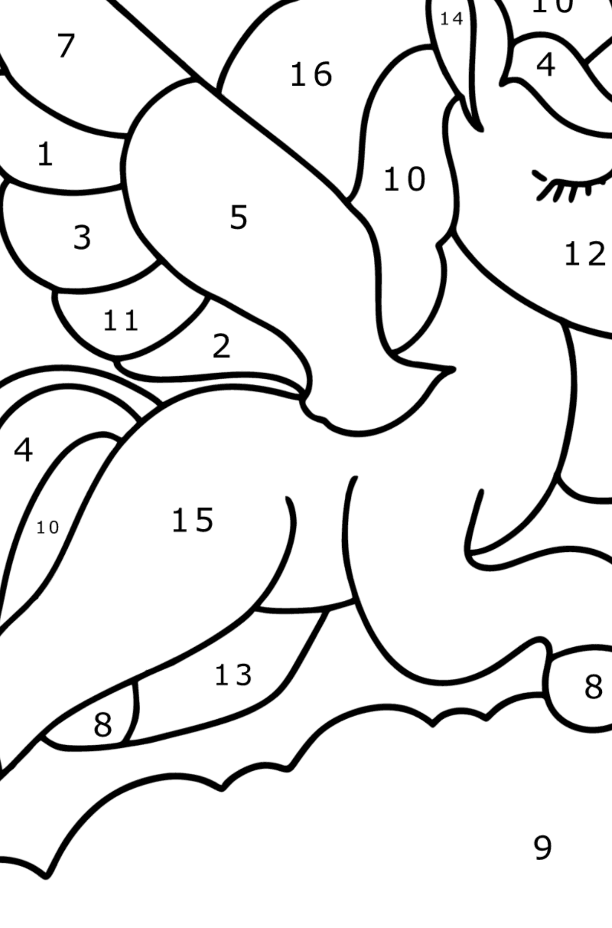 Dibujo para colorear de unicornio con alas - Colorear por Números para Niños