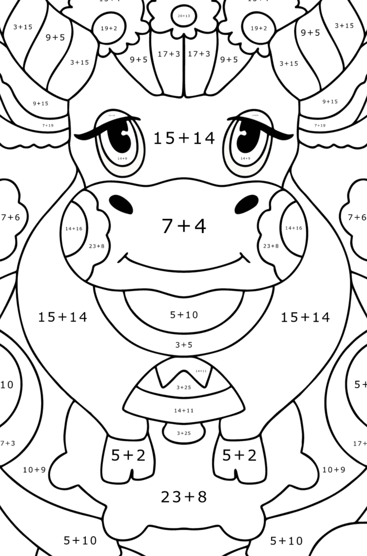 Antistress Cow coloring page - Math Coloring - Addition for Kids