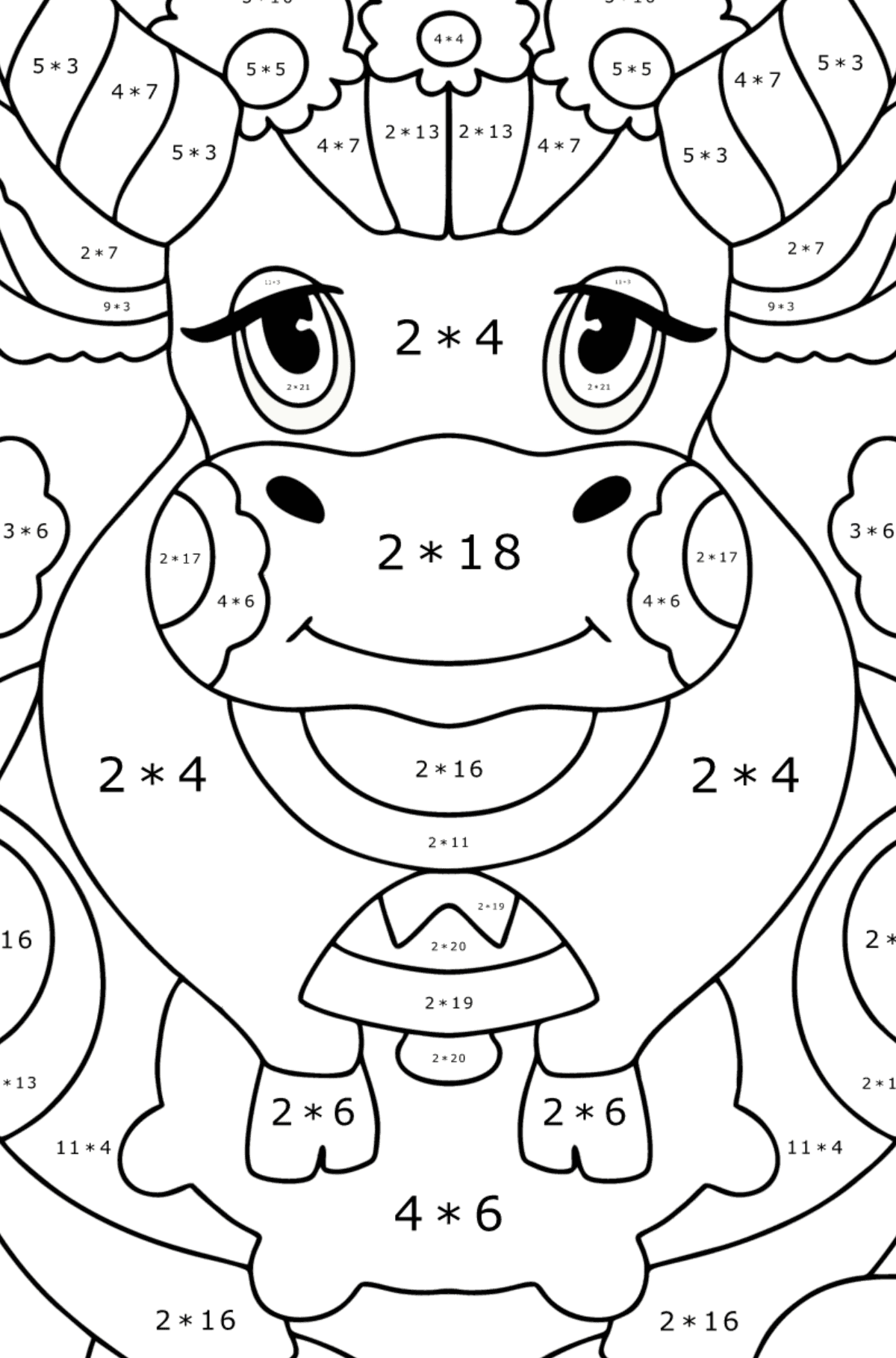 Antistress Cow coloring page - Math Coloring - Multiplication for Kids