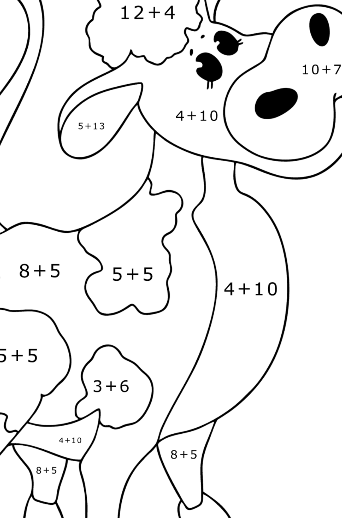 Dibujo para colorear Ternero con flor - Colorear con Matemáticas - Sumas para Niños