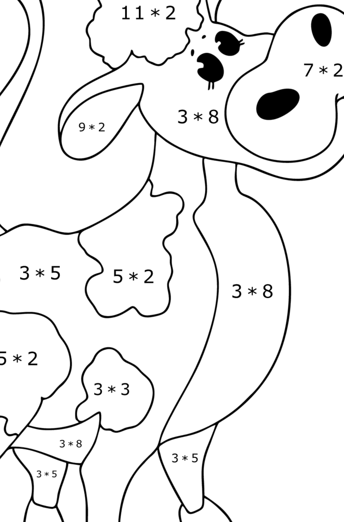 Dibujo para colorear Ternero con flor - Colorear con Matemáticas - Multiplicaciones para Niños
