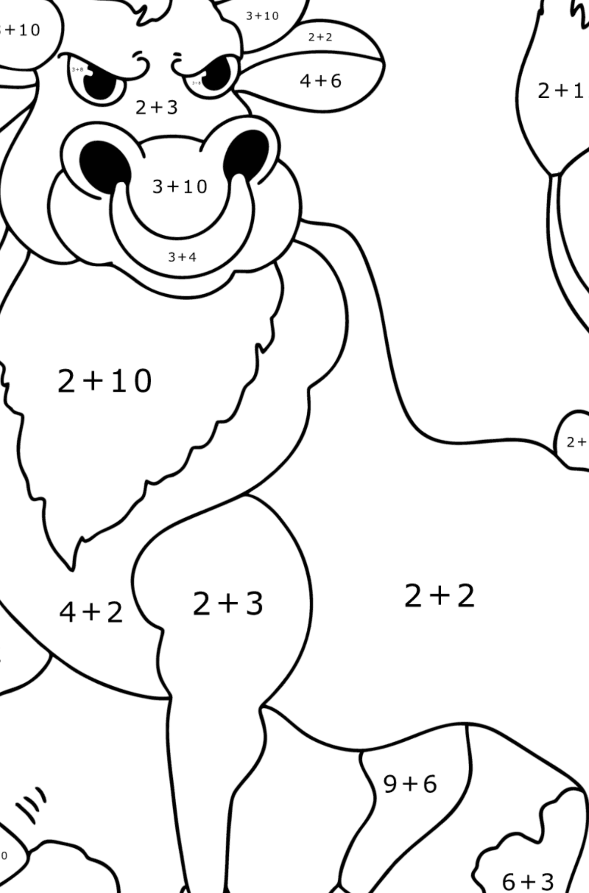 Dibujo de Toro Bravo para colorear - Colorear con Matemáticas - Sumas para Niños