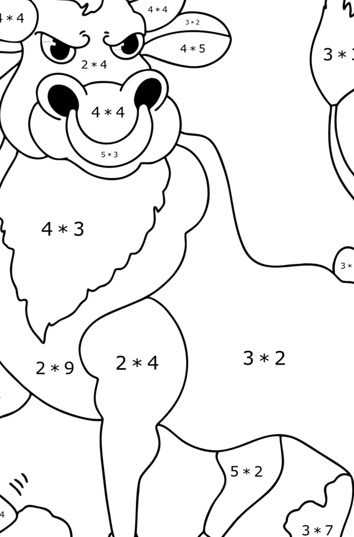 Dibujo de Toro Bravo para colorear - Colorear con Matemáticas - Multiplicaciones para Niños