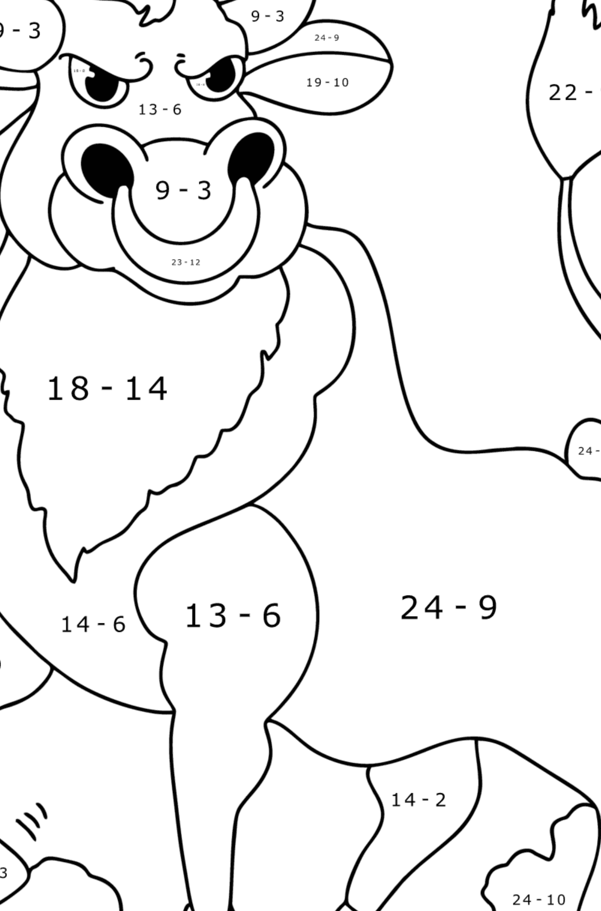 Dibujo de Toro Bravo para colorear - Colorear con Matemáticas - Restas para Niños