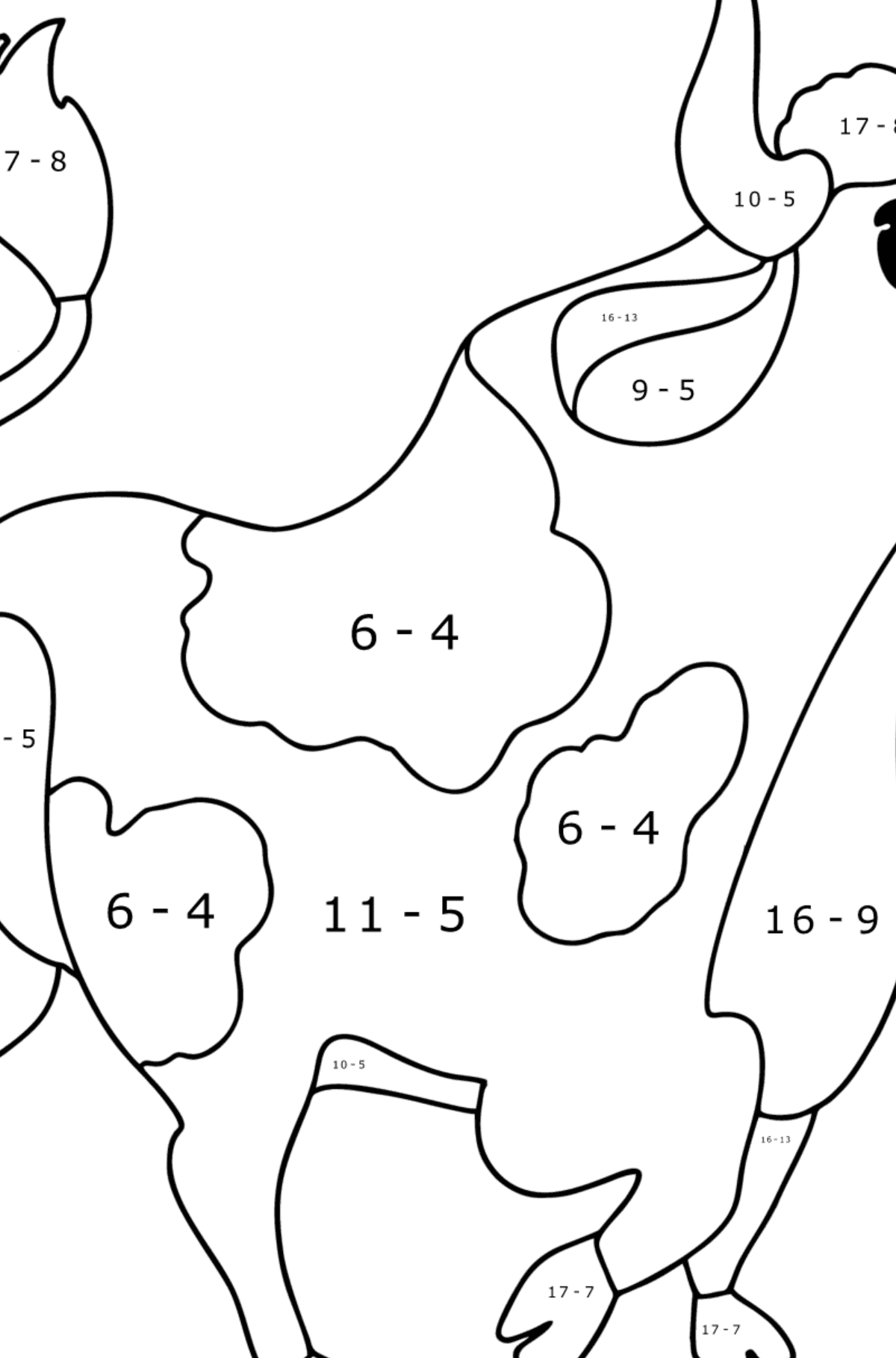 Bull drawing Coloring page - Math Coloring - Subtraction for Kids