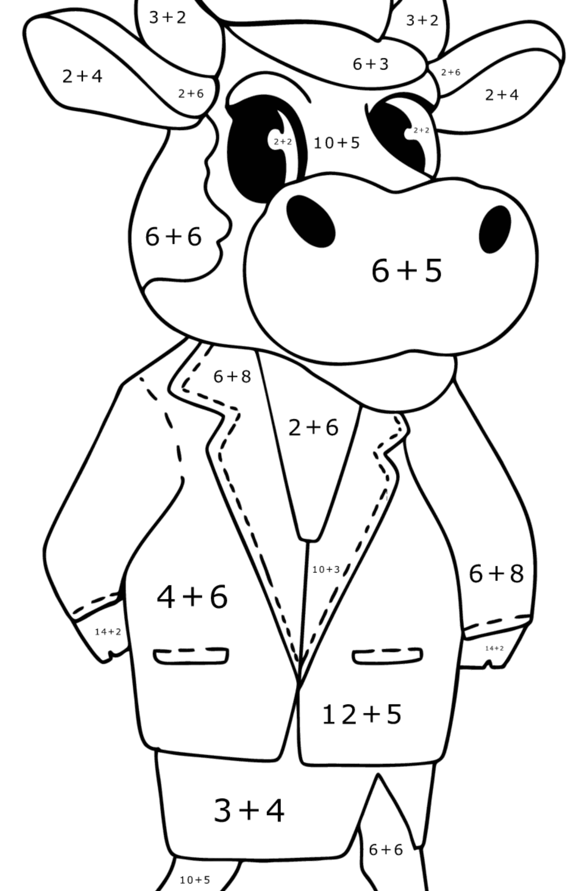Värityskuva Sarjakuva lehmä - Matemaattinen Väritys - Yhteenlasku lapsille