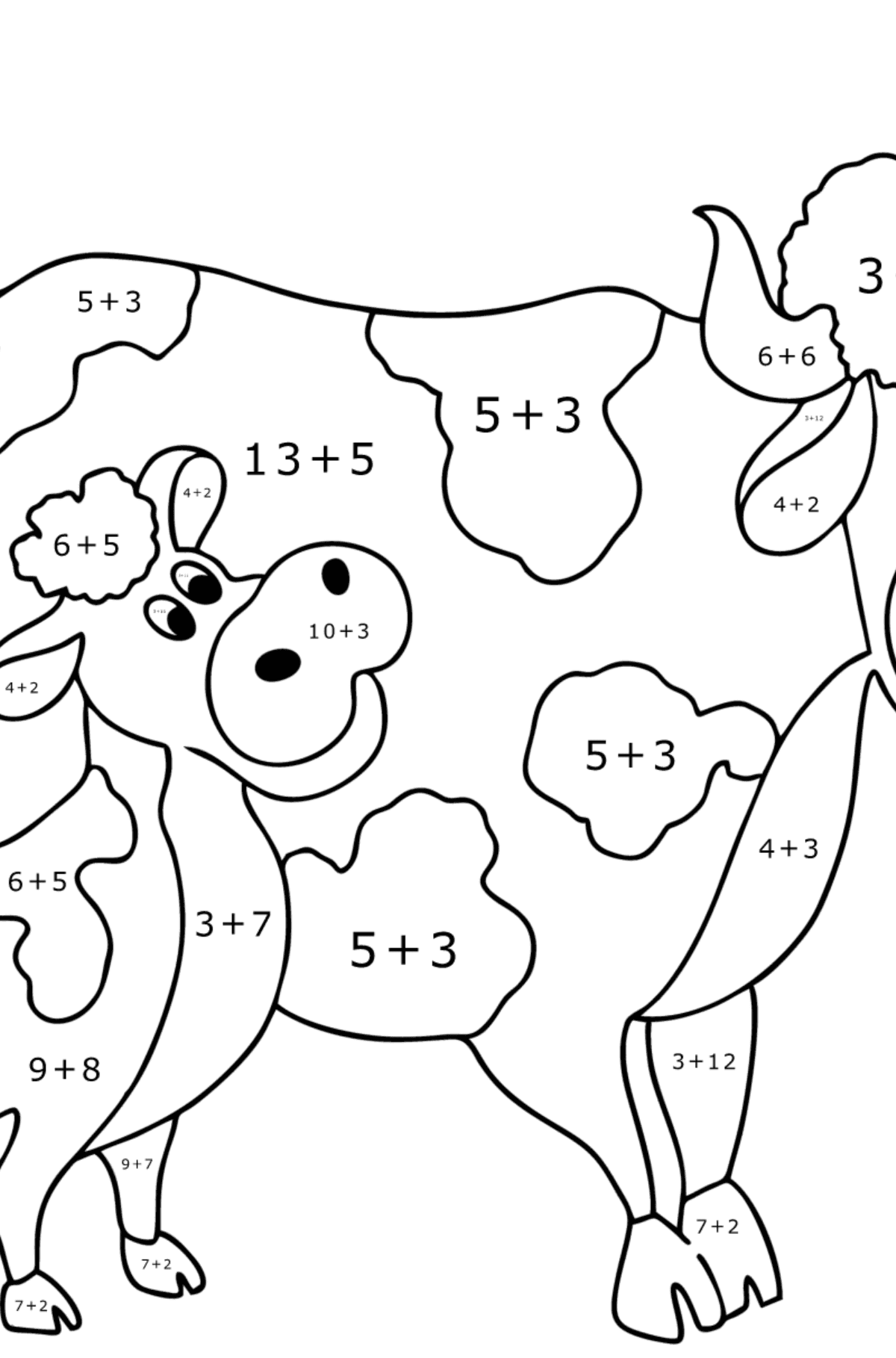 Tegning til fargelegging Ku og kalv - Matematisk fargeleggingsside - addisjon for barn