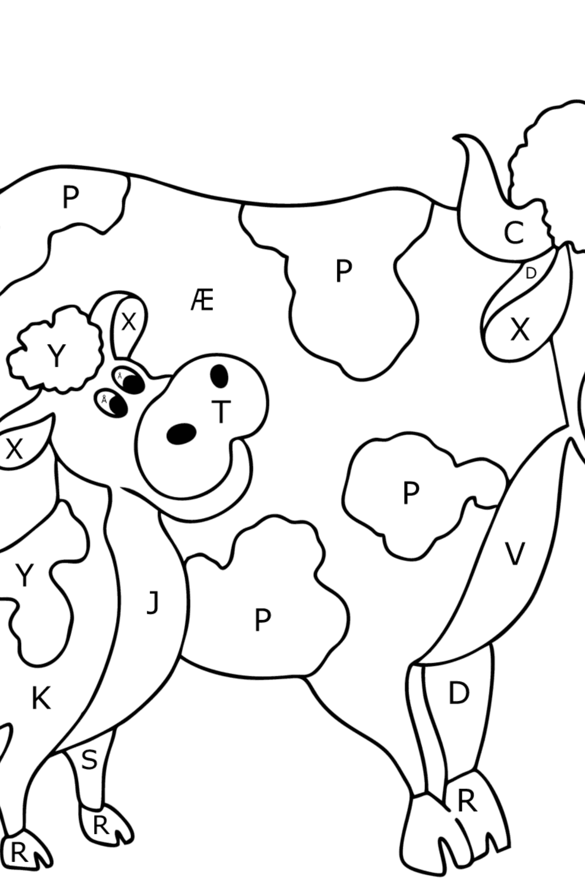 Tegning til fargelegging Ku og kalv - Fargelegge etter bokstaver for barn