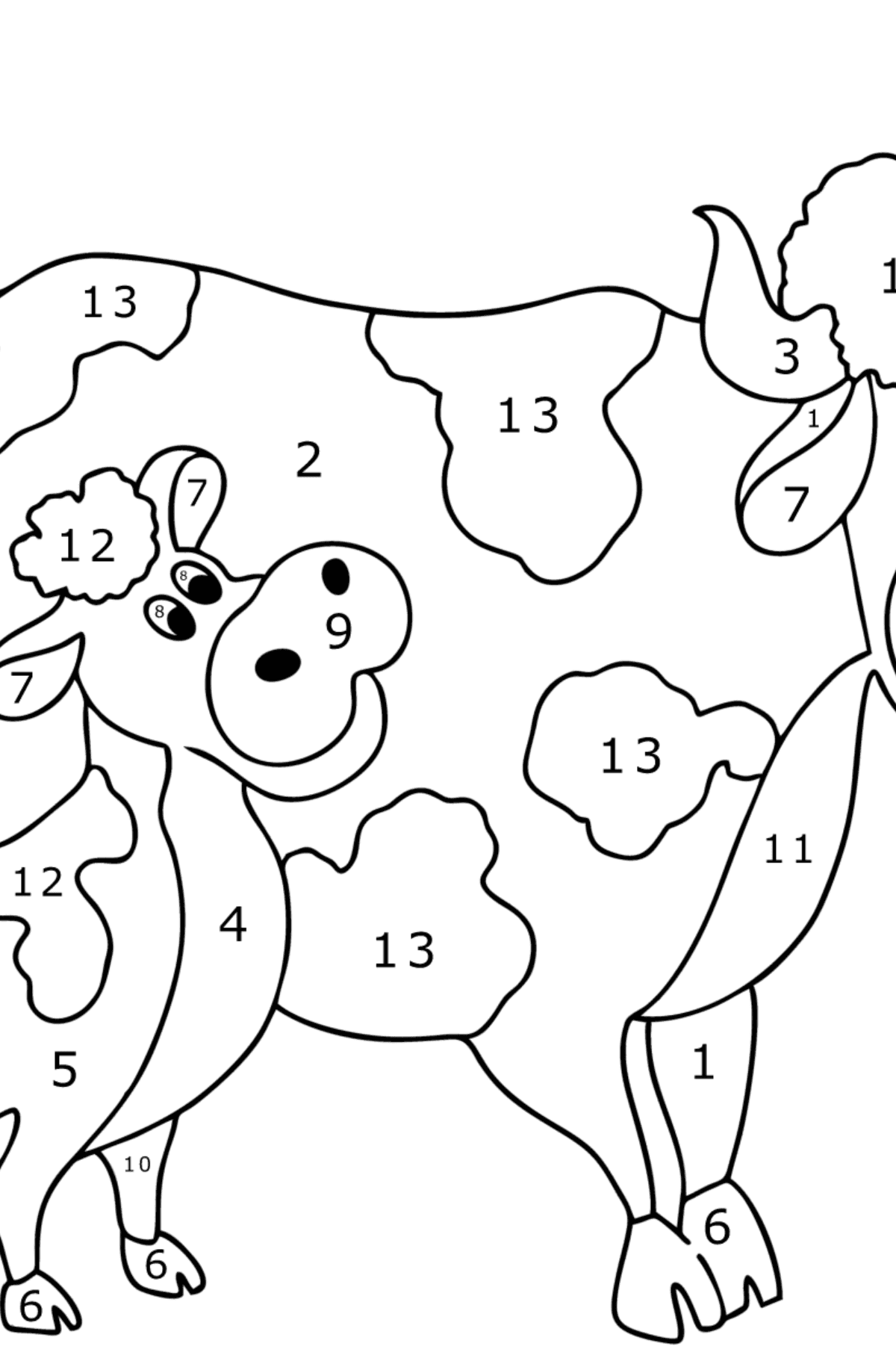 Värityskuva Lehmä ja vasikka - Väritys numeroiden mukaan lapsille