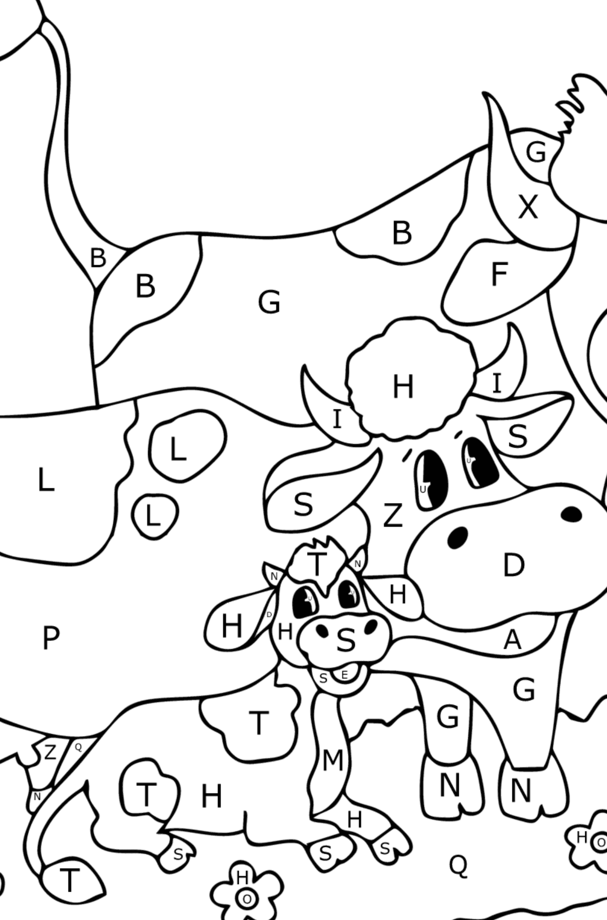 Cow, bull and calf coloring page - Coloring by Letters for Kids