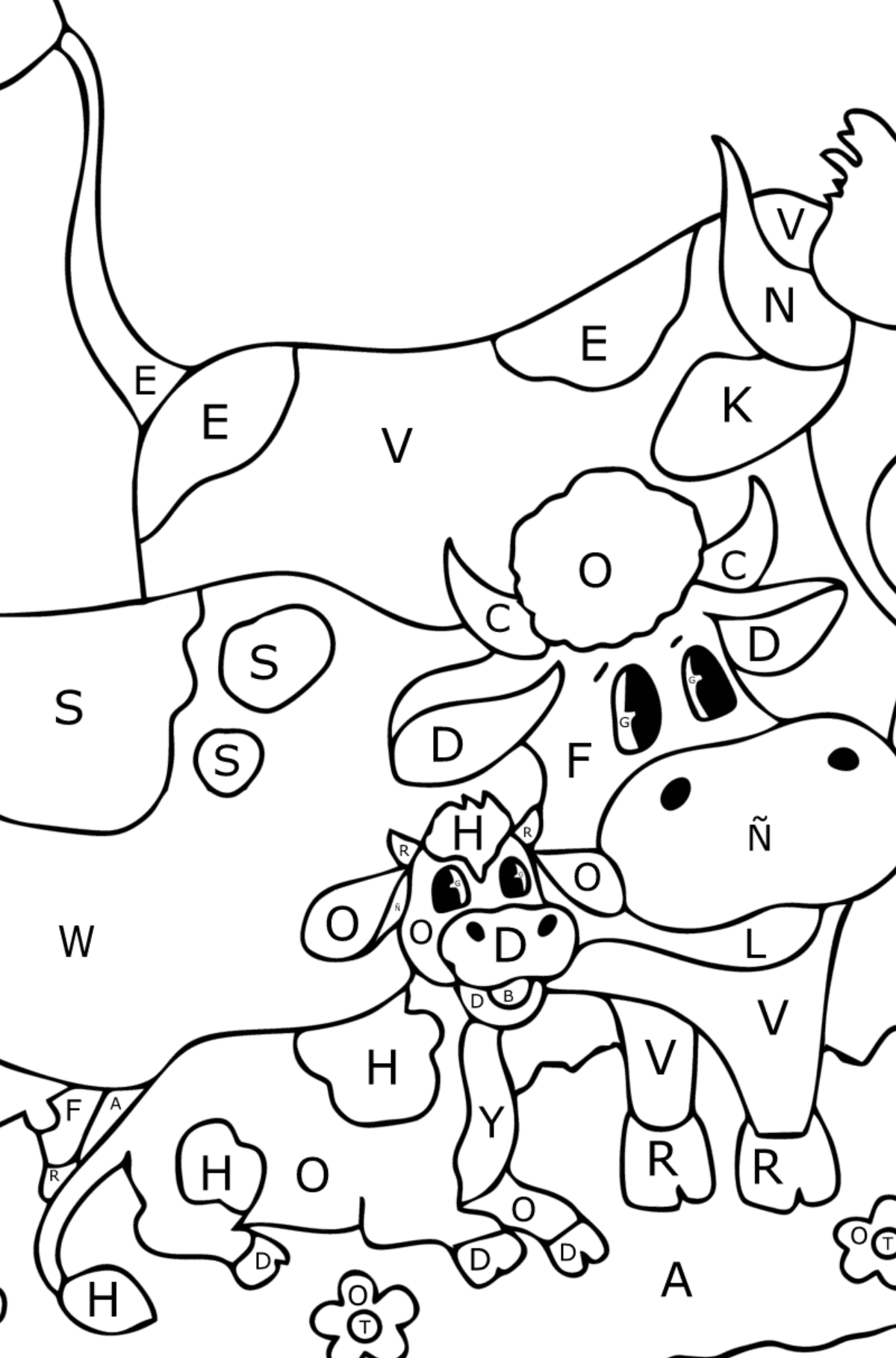 Vaca, toro y ternero para colorear - Colorear por Letras para Niños