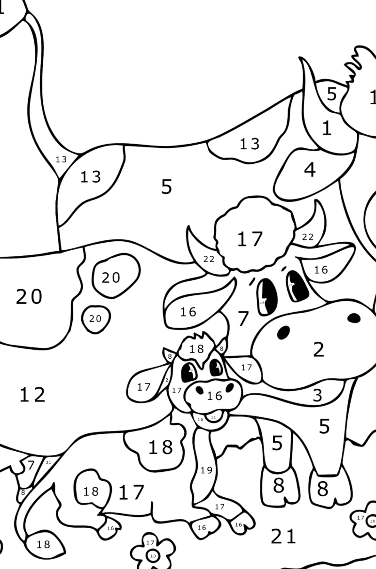 Vaca, toro y ternero para colorear - Colorear por Números para Niños