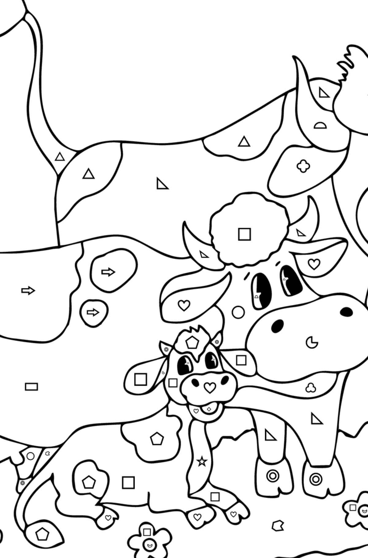 Vaca, toro y ternero para colorear - Colorear por Formas Geométricas para Niños