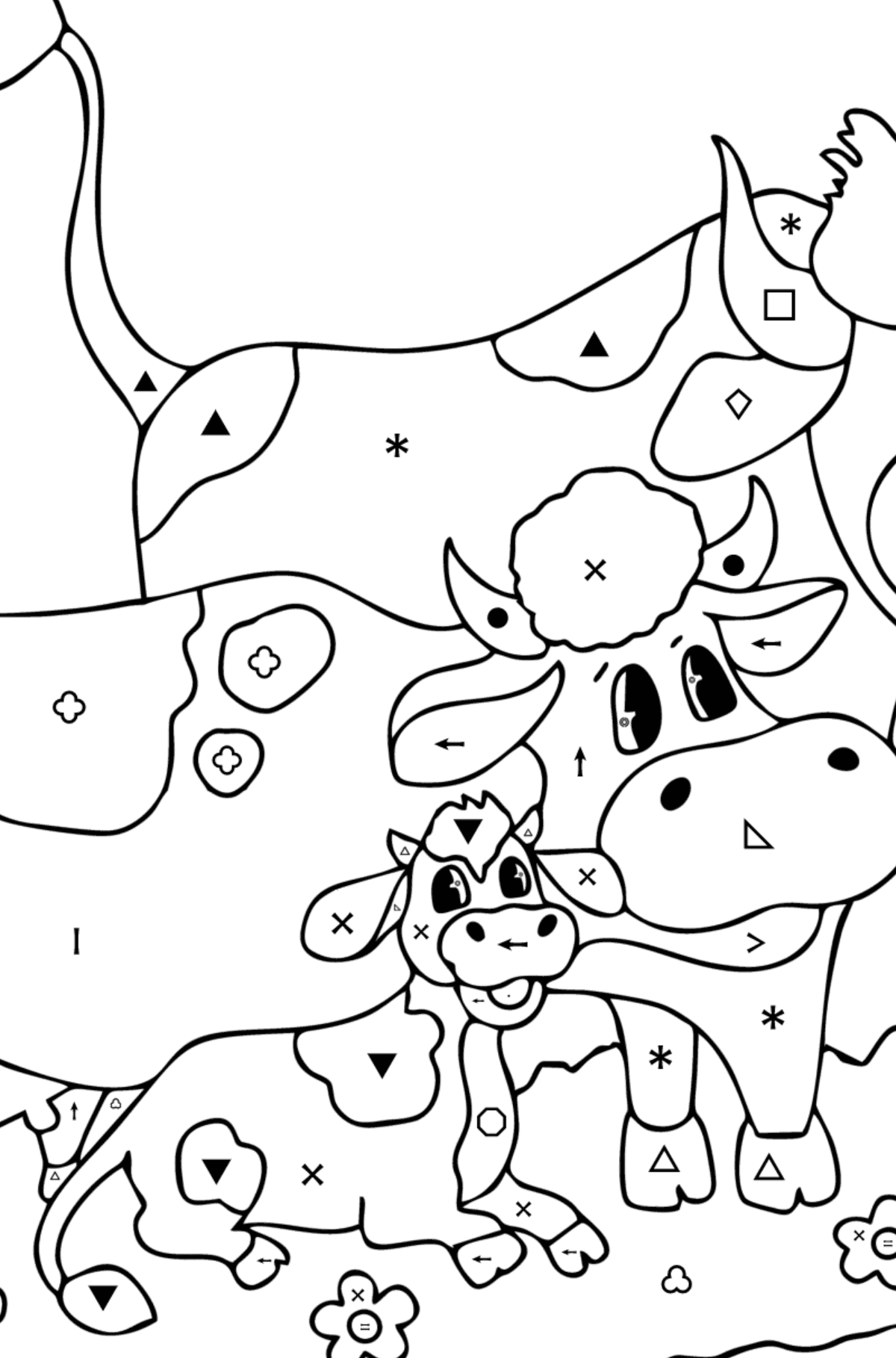 Värityskuva Lehmä, härkä ja vasikka - Väritys Symbolien ja Geometristen Kuvioiden mukaan lapsille