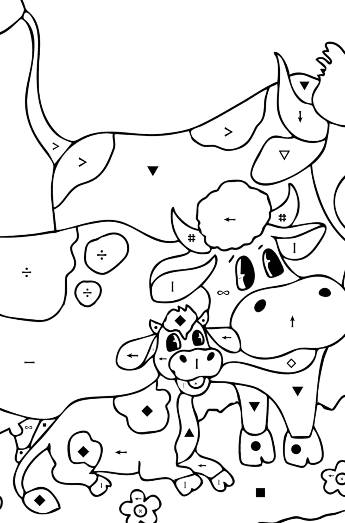 Cow, bull and calf coloring page - Coloring by Symbols for Kids