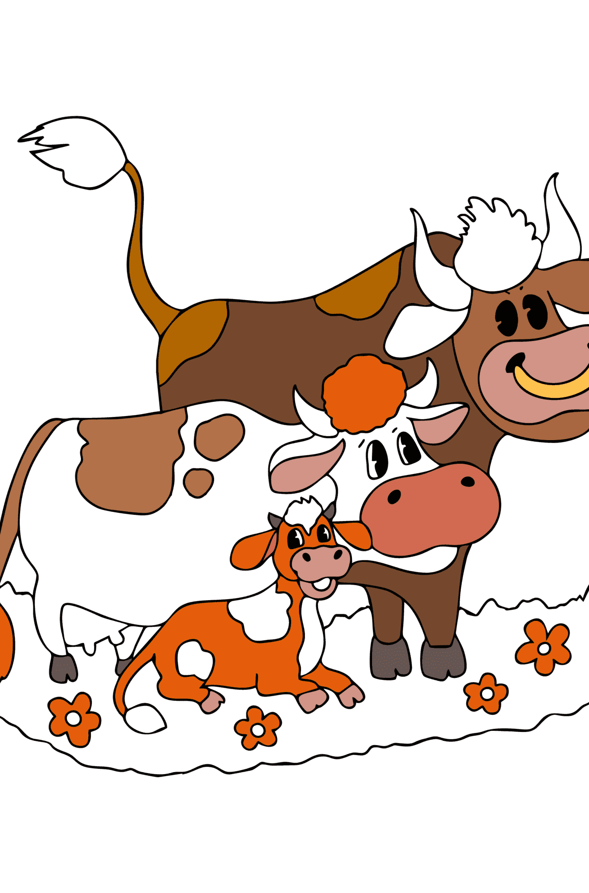 Disegno da colorare di mucca, toro e vitello - Disegni da colorare per bambini