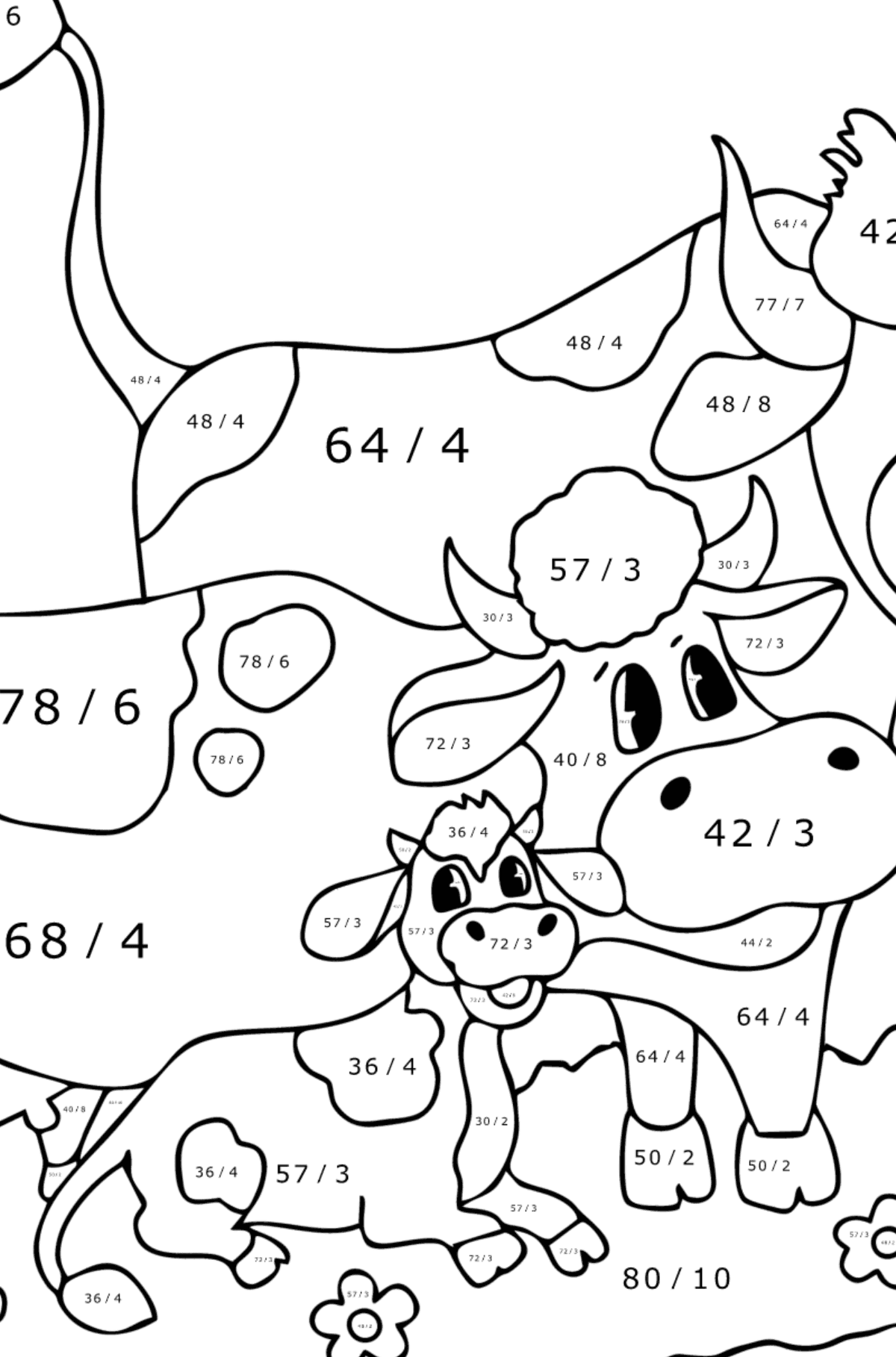 Värityskuva Lehmä, härkä ja vasikka - Matemaattinen Värityslasku - Jakolasku lapsille