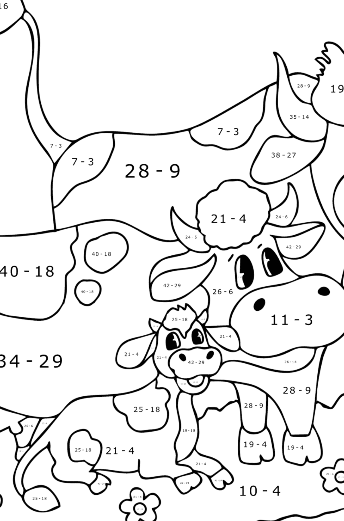 Värityskuva Lehmä, härkä ja vasikka - Matemaattinen Väritys - Vähennys lapsille