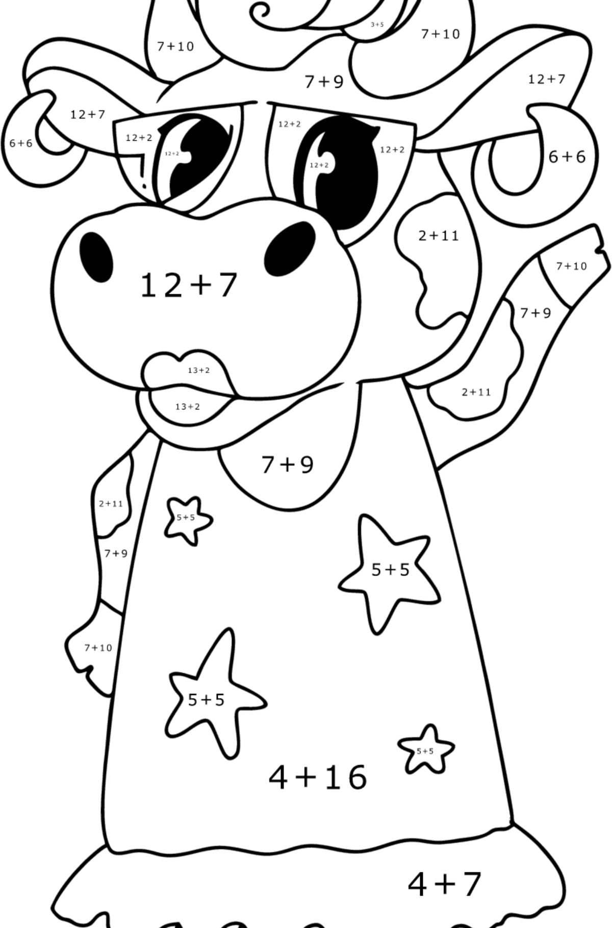 Värityskuva Sarjakuva lehmä seisomassa - Matemaattinen Väritys - Yhteenlasku lapsille
