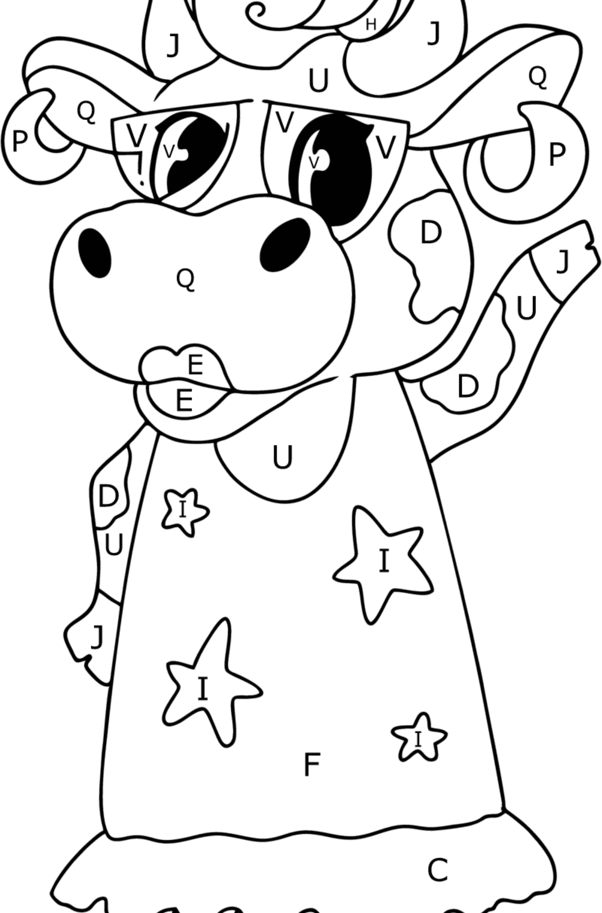 Cartoon cow standing up coloring page - Coloring by Letters for Kids