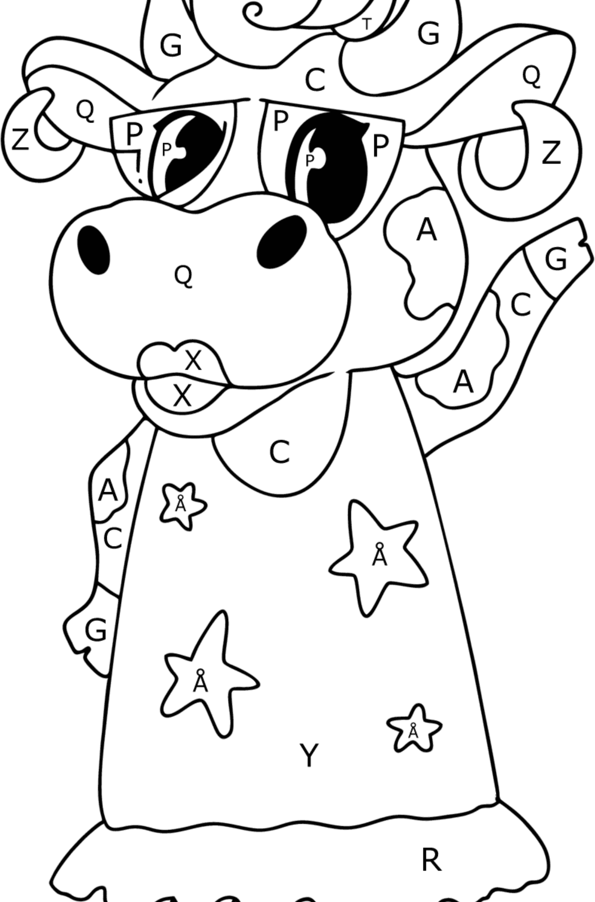 Värityskuva Sarjakuva lehmä seisomassa - Väritys Kirjaimien mukaan lapsille