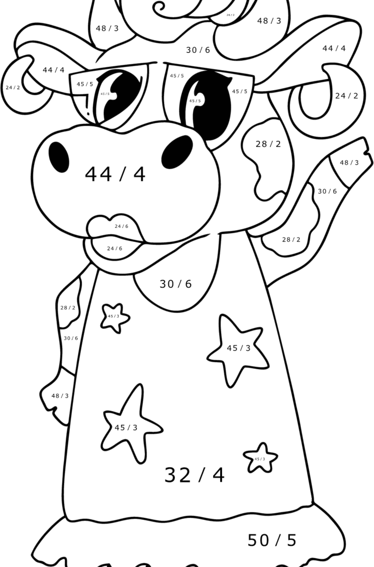 Desen de colorat Vaca din desene animate în picioare - Desen de colorat - Împărțire pentru copii