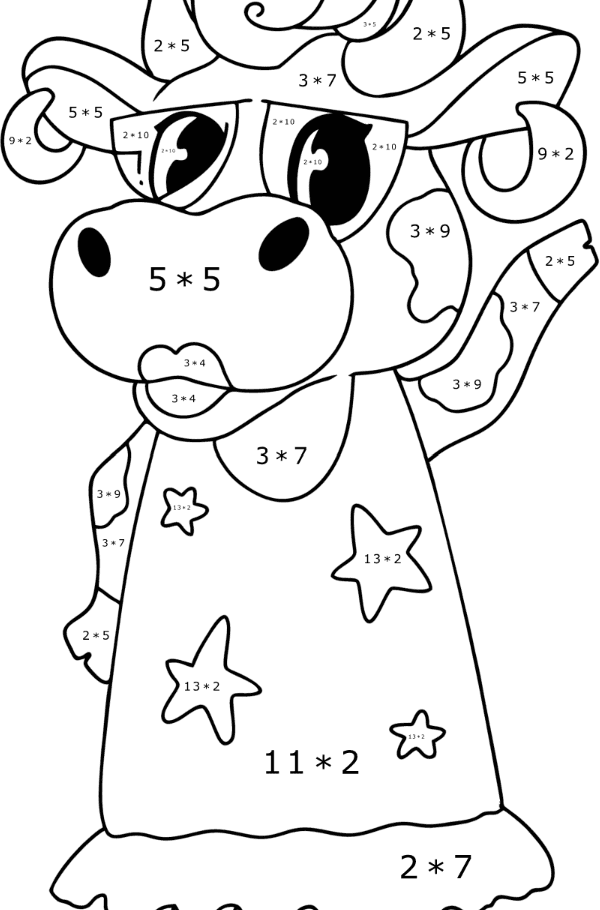 Värityskuva Sarjakuva lehmä seisomassa - Matemaattinen Värityskirja - Kertolasku lapsille