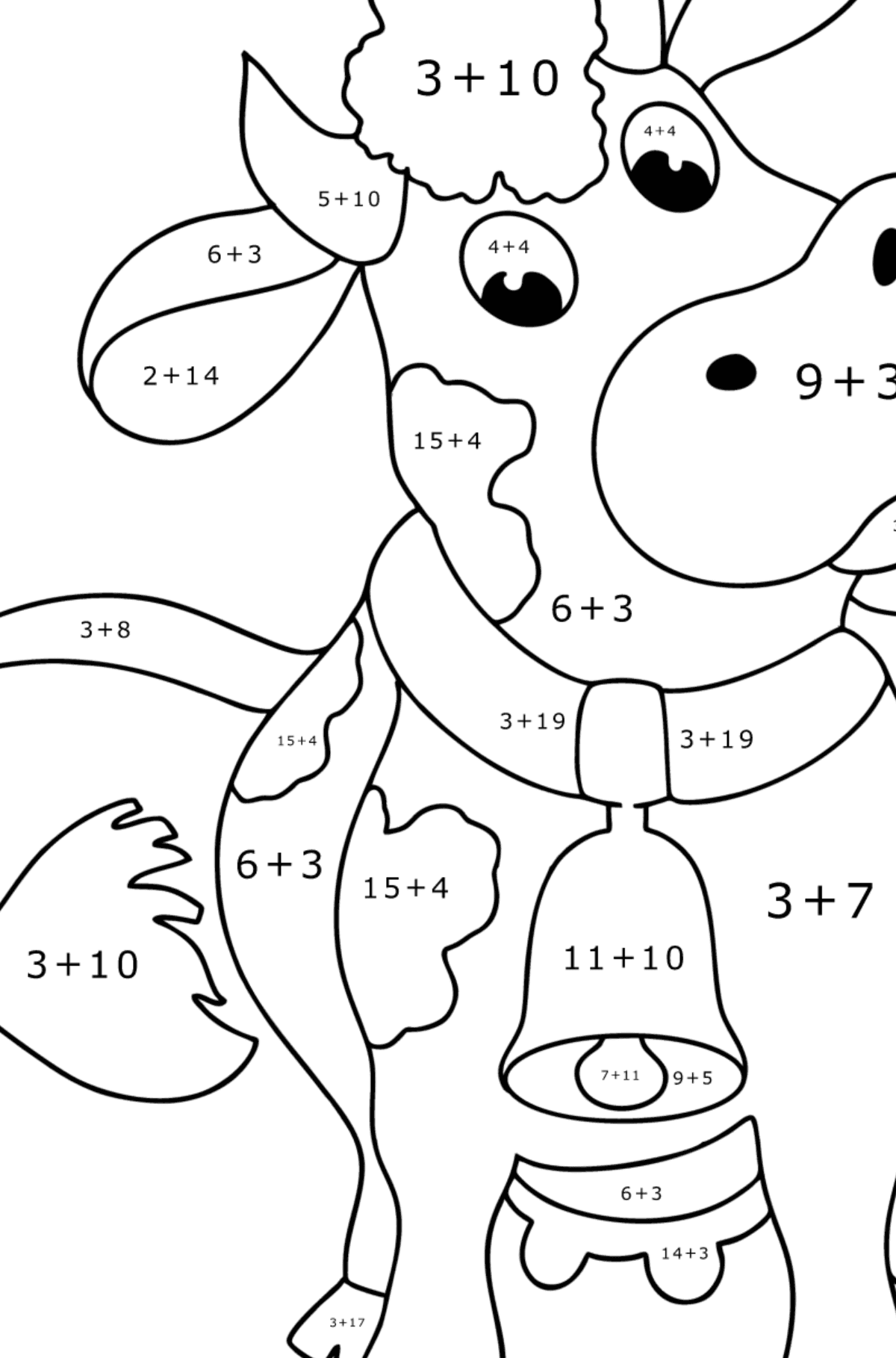 Värityskuva lehmä kellolla - Matemaattinen Väritys - Yhteenlasku lapsille